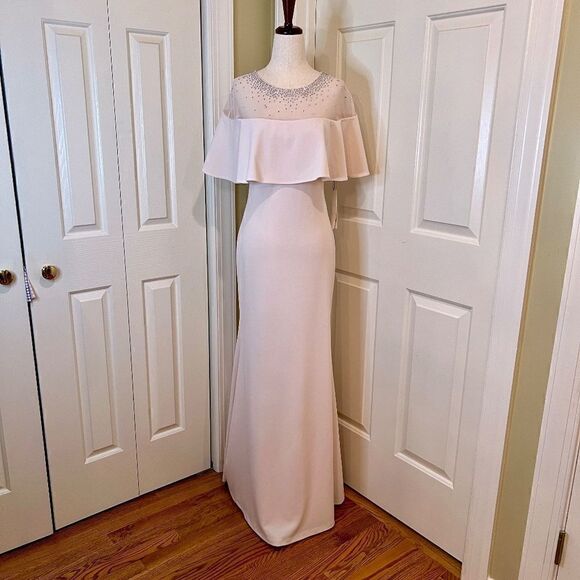 NWT Calvin Klein Full Length Stretch Crepe Beaded Cape Gown Dress Blush Pink 8 - Picture 2 of 8